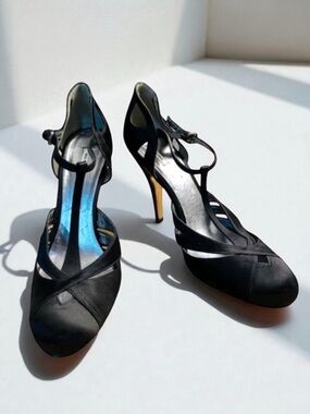 MIU MIU T-STRAP BLACK SATIN EVENING HEEL SIZE 40 ITALY